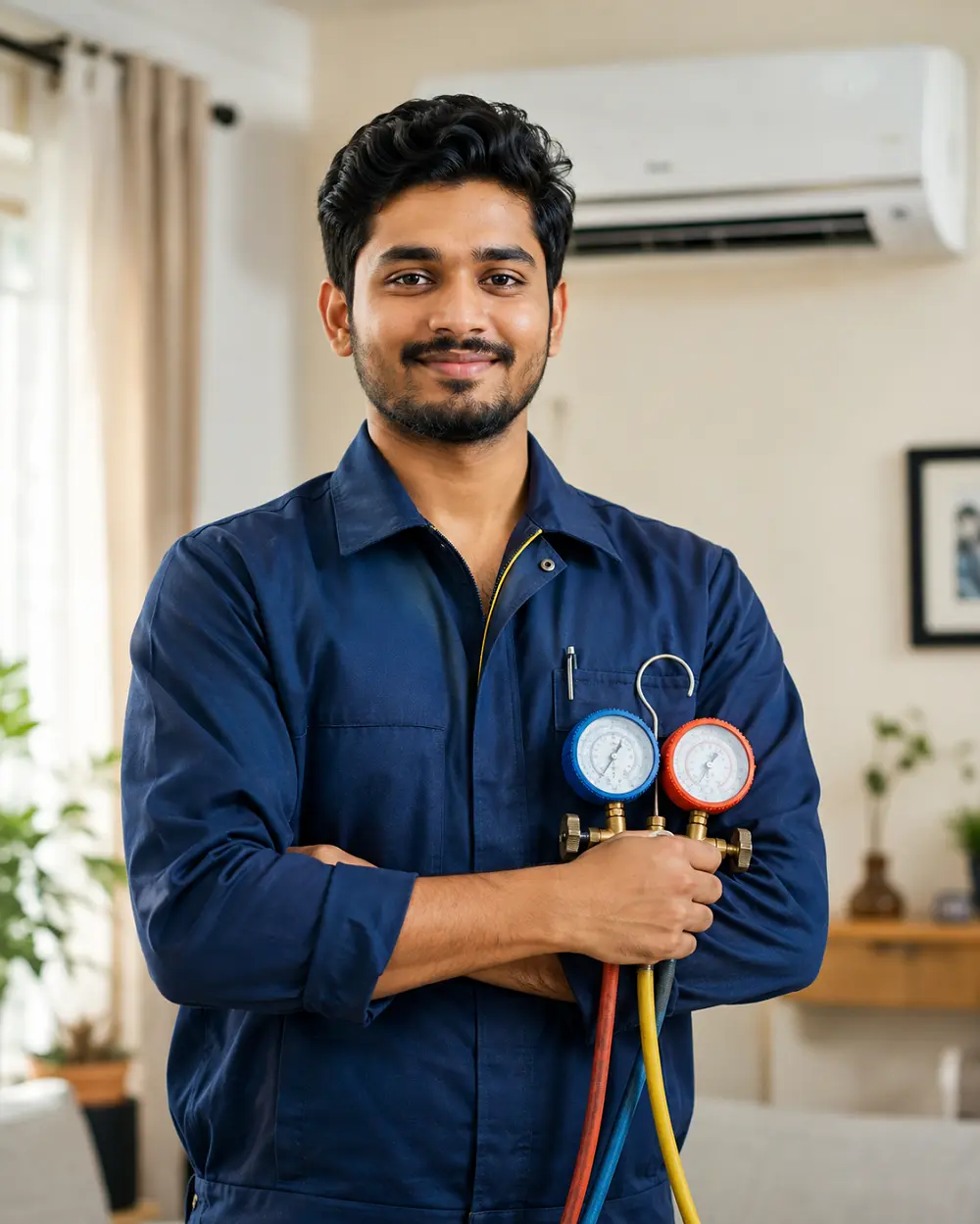 Snappo AC technician repairing a split AC in Aligarh